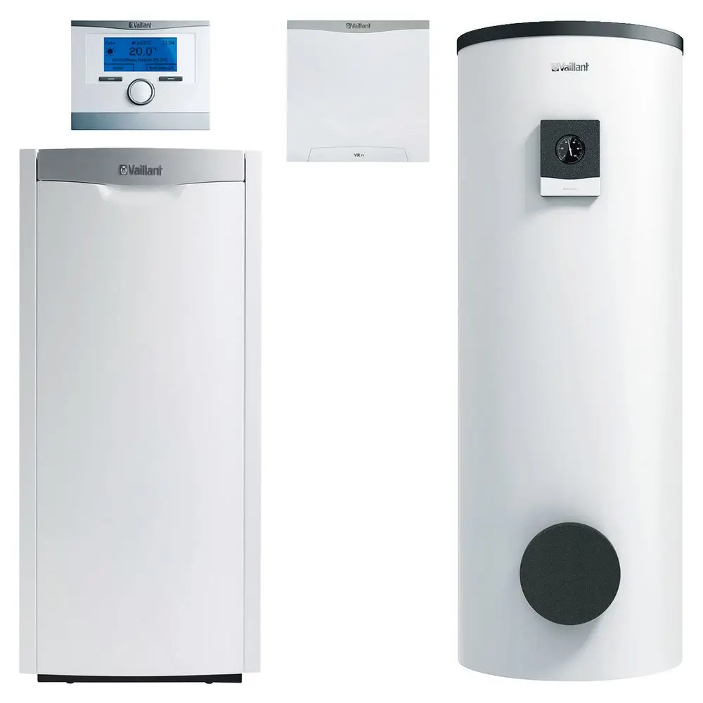 Vaillant Heizgerät und Wasserwärmer in Weiß, kombiniert mit einem digitalen Thermostat, für die effiziente Heizungs- und Warmwasserversorgung.